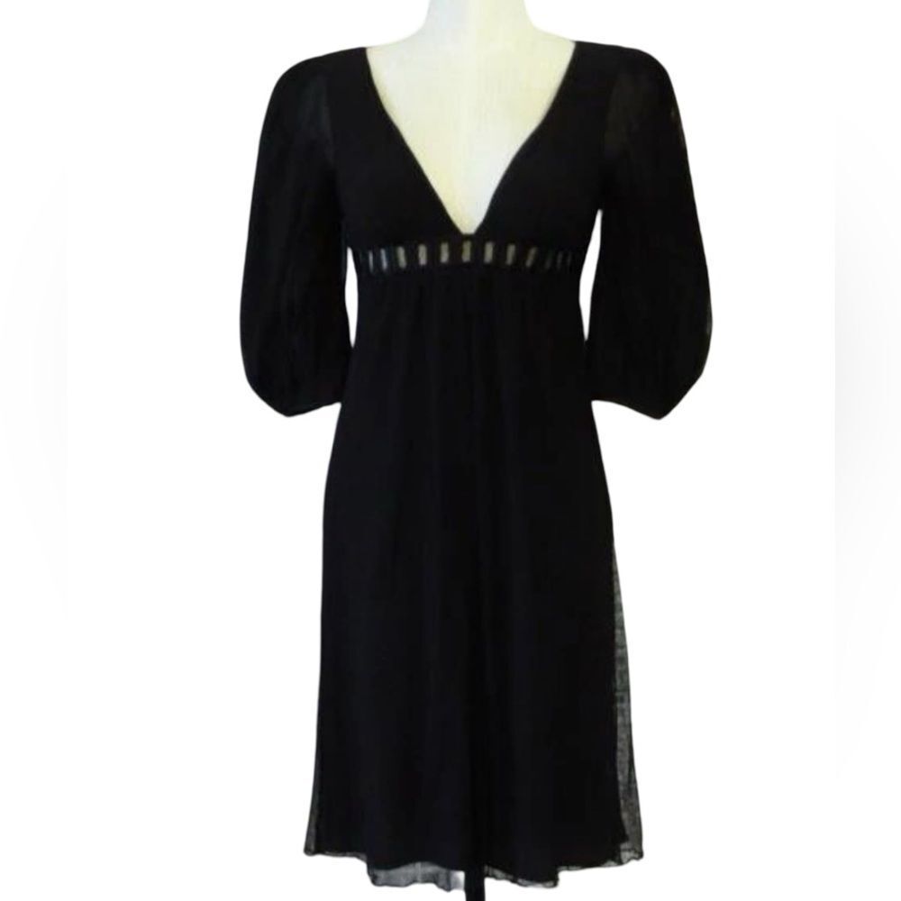 CATHERINE MALANDRINO Black Silk-Lined Mesh V-Neck Empire Cocktail Dress Size 10